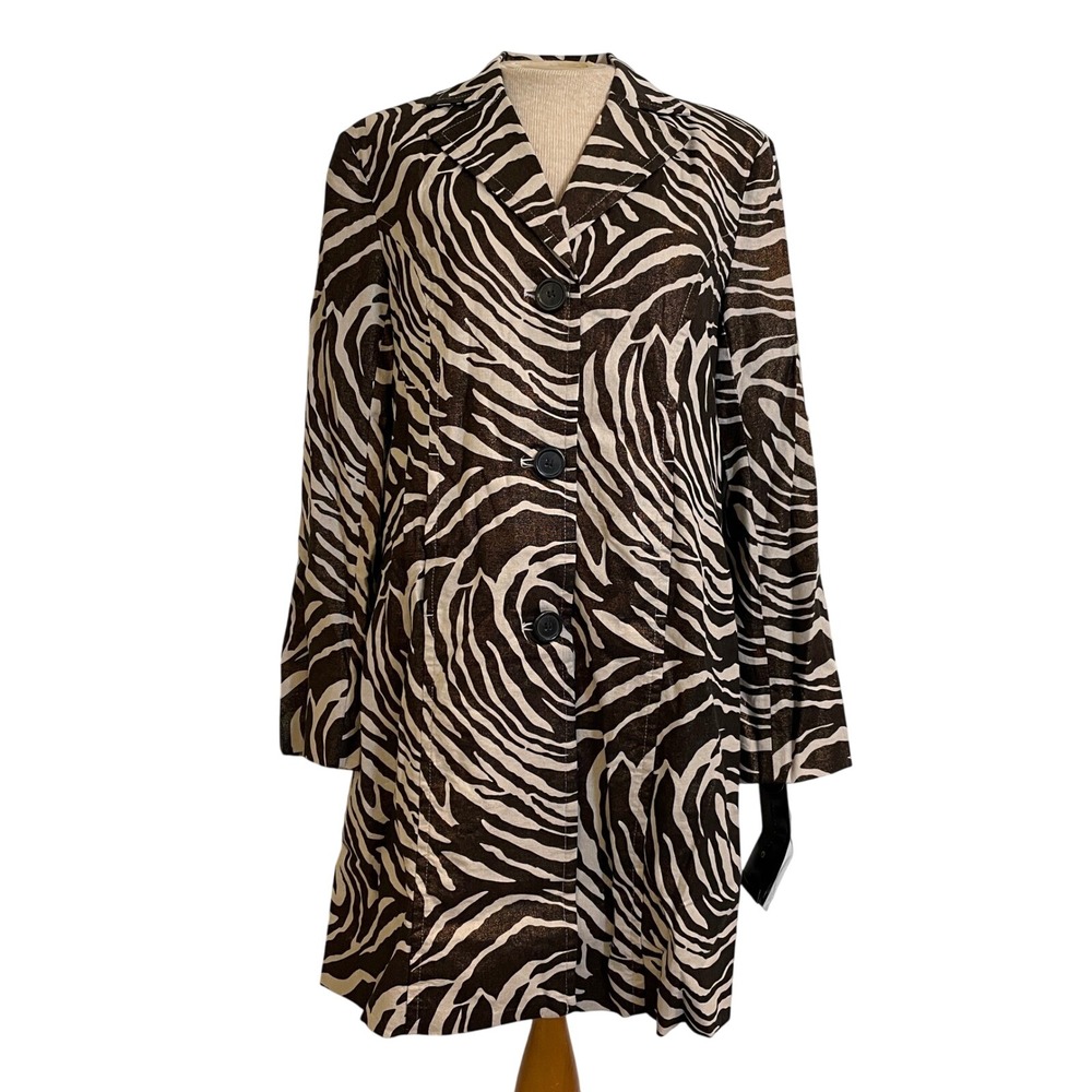 Pamela McCoy NWT Zebra Print Linen Blend Long Sleeve Button Down Coat Small